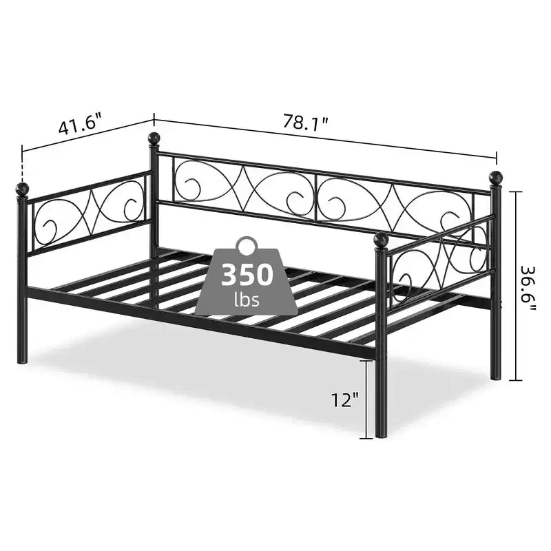 Struttura letto a una piazza in metallo con contenitore, Letto a una piazza resistente con doghe in metallo, Letto a una piazza multifunzionale per soggiorno, camera da letto, Nero