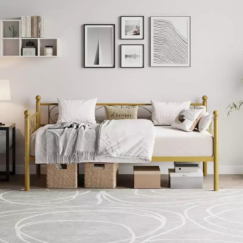 Struttura letto a una piazza in metallo con contenitore, Letto a una piazza resistente con doghe in metallo, Letto a una piazza multifunzionale per soggiorno, camera da letto, Nero