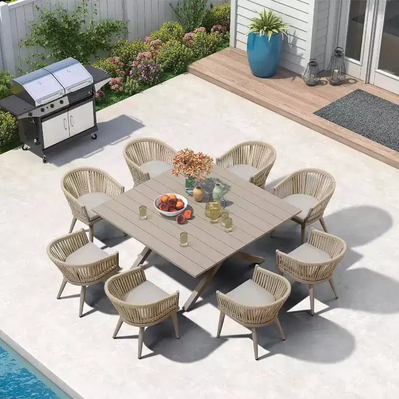 Set da pranzo da patio PURPLE LEAF con tavolo da pranzo da esterno in alluminio e sedie in rattan intrecciato, set di mobili moderni per giardino, cortile, arredamento da interni, colore champagne