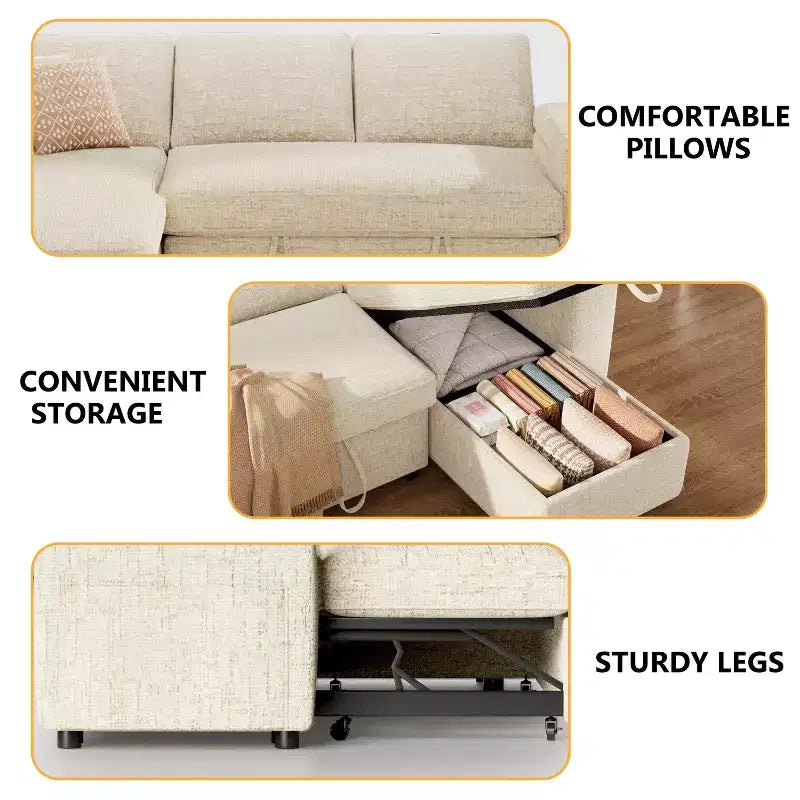 Dyonery Divano Letto a 3 Posti 81" con Letto Estraibile, Divano Letto Componibile a L con Chaise Longue Reversibile con Contenitore