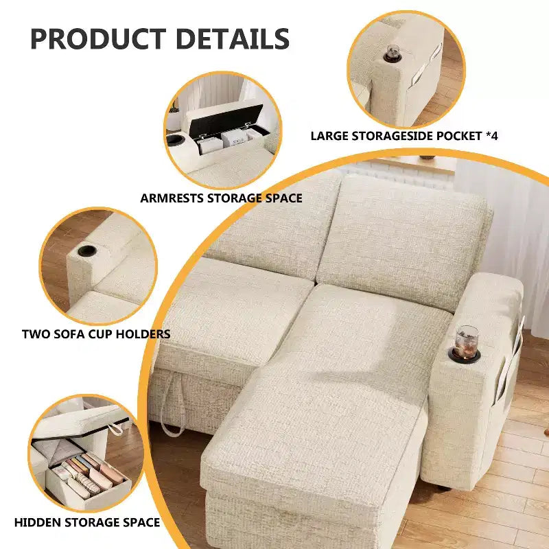 Dyonery Divano Letto a 3 Posti 81" con Letto Estraibile, Divano Letto Componibile a L con Chaise Longue Reversibile con Contenitore