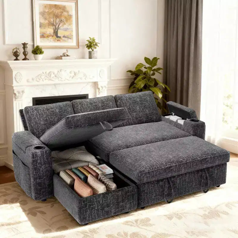 Dyonery Divano Letto a 3 Posti 81" con Letto Estraibile, Divano Letto Componibile a L con Chaise Longue Reversibile con Contenitore