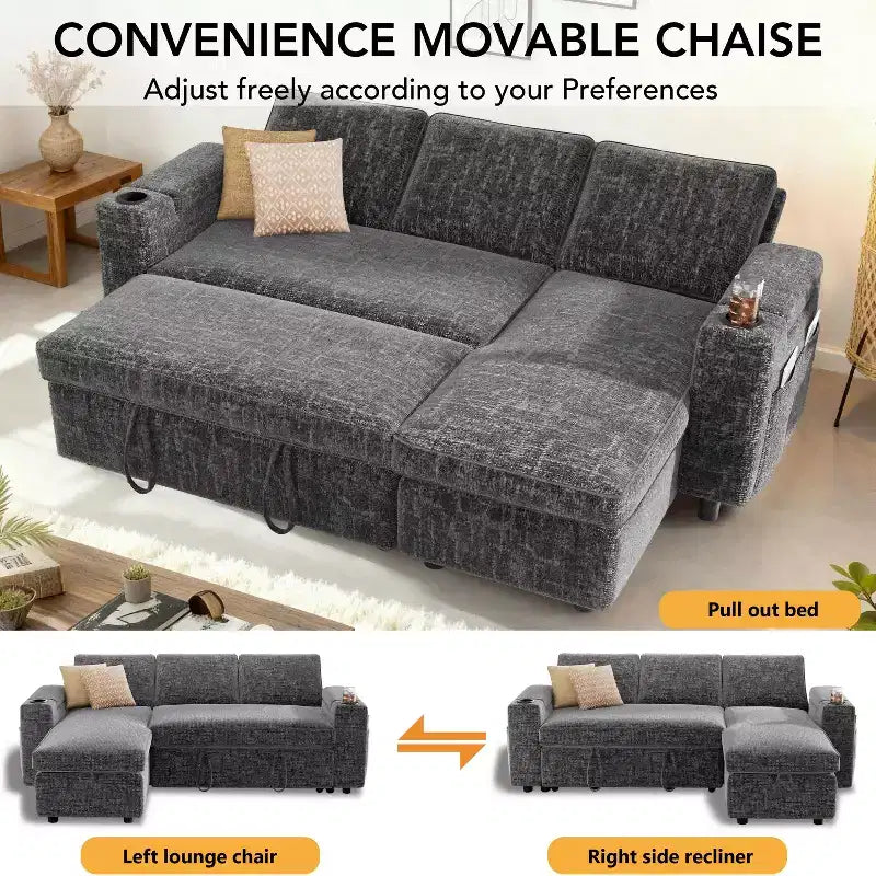 Dyonery Divano Letto a 3 Posti 81" con Letto Estraibile, Divano Letto Componibile a L con Chaise Longue Reversibile con Contenitore