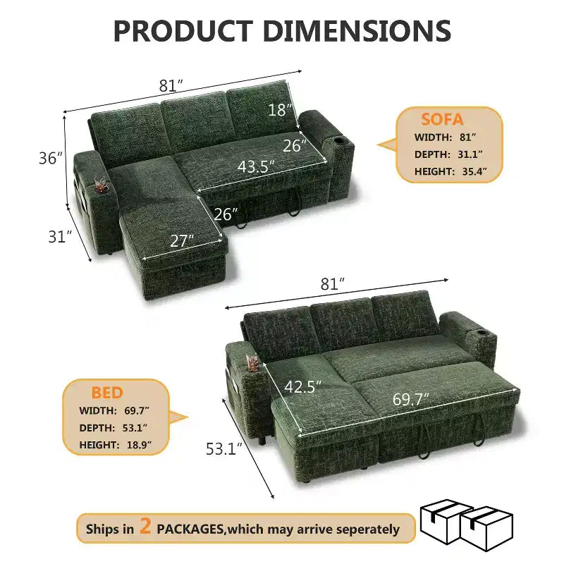 Dyonery Divano Letto a 3 Posti 81" con Letto Estraibile, Divano Letto Componibile a L con Chaise Longue Reversibile con Contenitore