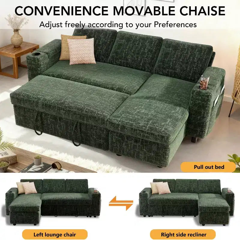 Dyonery Divano Letto a 3 Posti 81" con Letto Estraibile, Divano Letto Componibile a L con Chaise Longue Reversibile con Contenitore