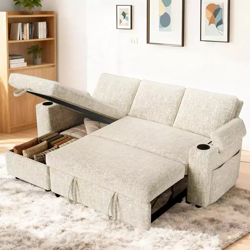 Dyonery Divano Letto a 3 Posti 81" con Letto Estraibile, Divano Letto Componibile a L con Chaise Longue Reversibile con Contenitore