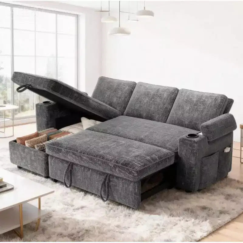 Dyonery Divano Letto a 3 Posti 81" con Letto Estraibile, Divano Letto Componibile a L con Chaise Longue Reversibile con Contenitore