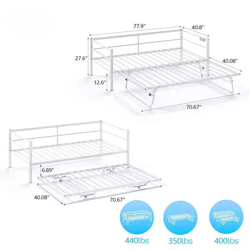 Divano letto singolo Karl Home in metallo resistente con letto estraibile a scomparsa, nessuna base a molle richiesta, bianco
