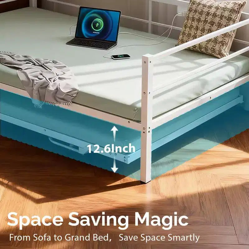 Divano letto singolo Karl Home in metallo resistente con letto estraibile a scomparsa, nessuna base a molle richiesta, bianco