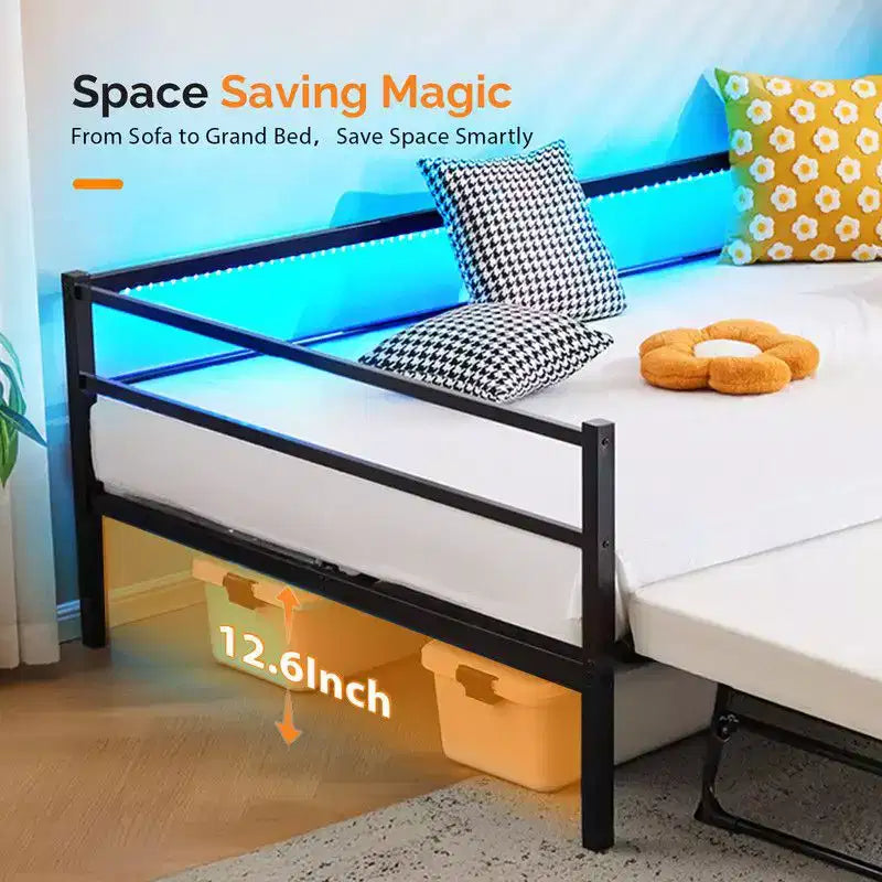 Divano letto singolo Karl Home in metallo resistente con letto estraibile a scomparsa, nessuna base a molle richiesta, bianco