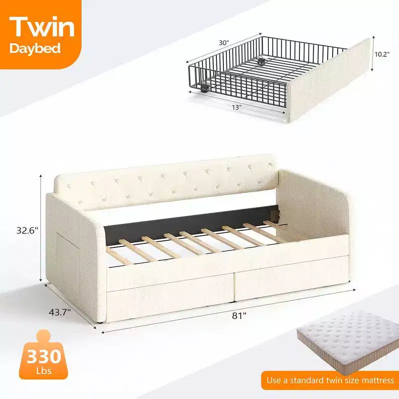 Letto a una piazza e mezza Karl Home Gray Twin Daybed con rivestimento in ciniglia e cassetti portaoggetti
