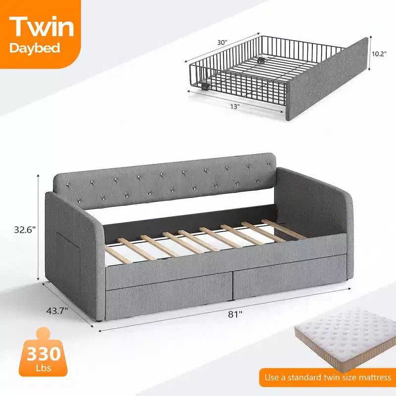 Letto a una piazza e mezza Karl Home Gray Twin Daybed con rivestimento in ciniglia e cassetti portaoggetti