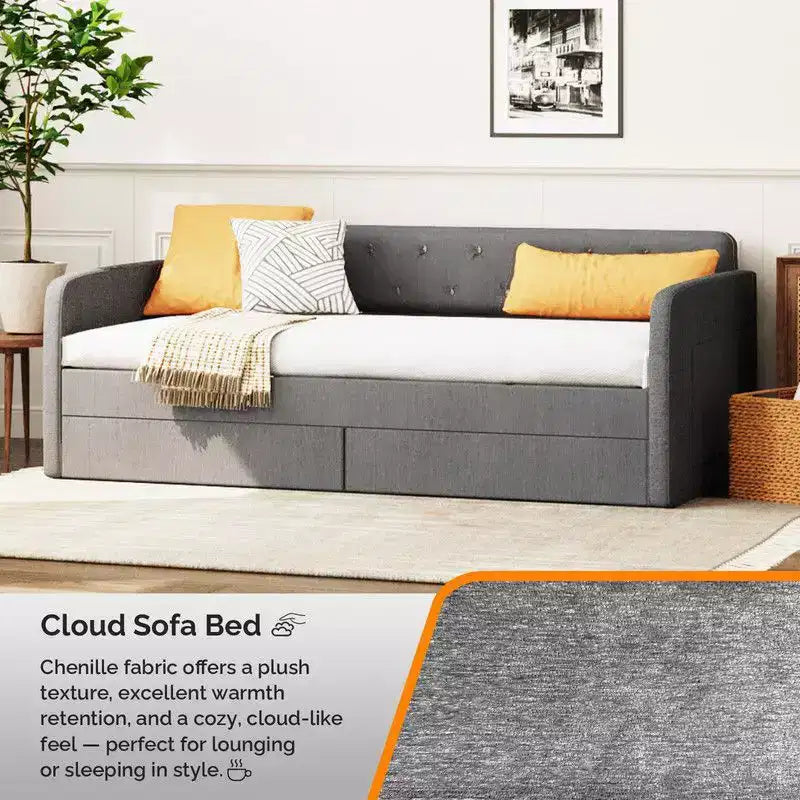 Letto a una piazza e mezza Karl Home Gray Twin Daybed con rivestimento in ciniglia e cassetti portaoggetti