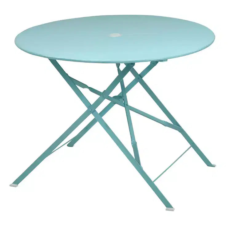 HomeRoots 36 Aqua Rounded Aluminum Folding Outdoor Dining Table with Umbrella Hole