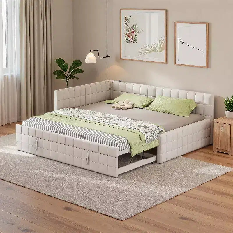 Luxystar Full Size Upholstered Corner Daybed With Pop Up Trundle And Usb Ports