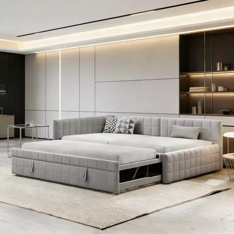 Divano letto angolare imbottito Luxystar Full Size con letto estraibile a scomparsa e porte USB