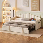 Whisen Twin Size Daybed Frame with Adjustable Height Pop Up Trundle Twin Bed, 2 Side Pockets