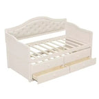 Struttura letto a giorno Whisen Twin Size, divano letto in legno con letto estraibile, schienale capitonné, 2 cassetti portaoggetti