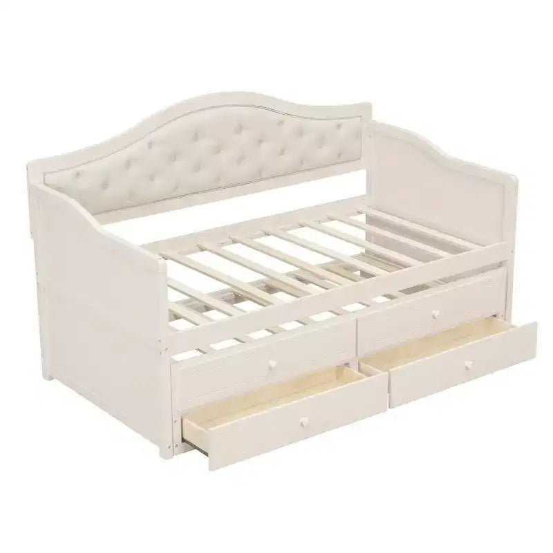 Struttura letto a giorno Whisen Twin Size, divano letto in legno con letto estraibile, schienale capitonné, 2 cassetti portaoggetti