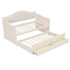 Struttura letto a giorno Whisen Twin Size, divano letto in legno con letto estraibile, schienale capitonné, 2 cassetti portaoggetti
