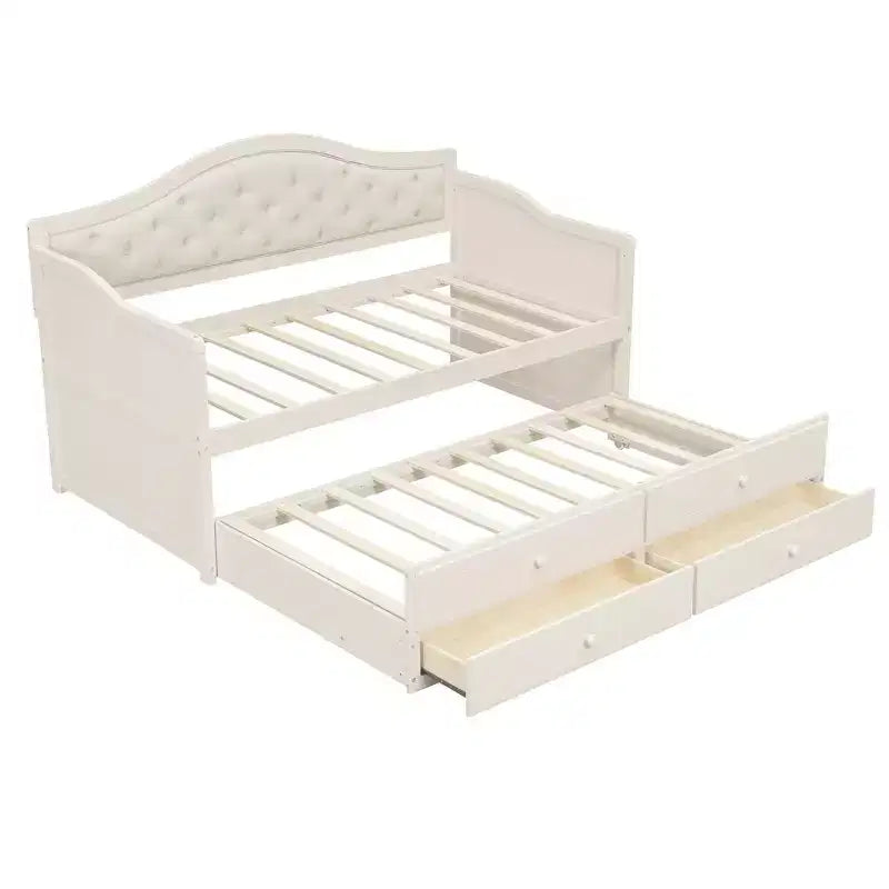 Struttura letto a giorno Whisen Twin Size, divano letto in legno con letto estraibile, schienale capitonné, 2 cassetti portaoggetti