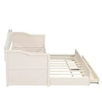 Struttura letto a giorno Whisen Twin Size, divano letto in legno con letto estraibile, schienale capitonné, 2 cassetti portaoggetti