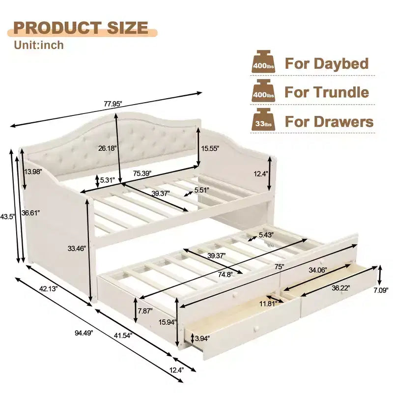 Struttura letto a giorno Whisen Twin Size, divano letto in legno con letto estraibile, schienale capitonné, 2 cassetti portaoggetti