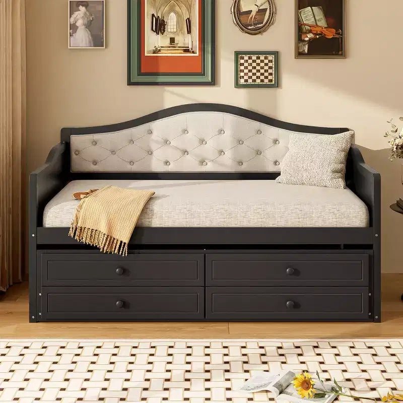 Struttura letto a giorno Whisen Twin Size, divano letto in legno con letto estraibile, schienale capitonné, 2 cassetti portaoggetti