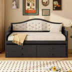 Struttura letto a giorno Whisen Twin Size, divano letto in legno con letto estraibile, schienale capitonné, 2 cassetti portaoggetti