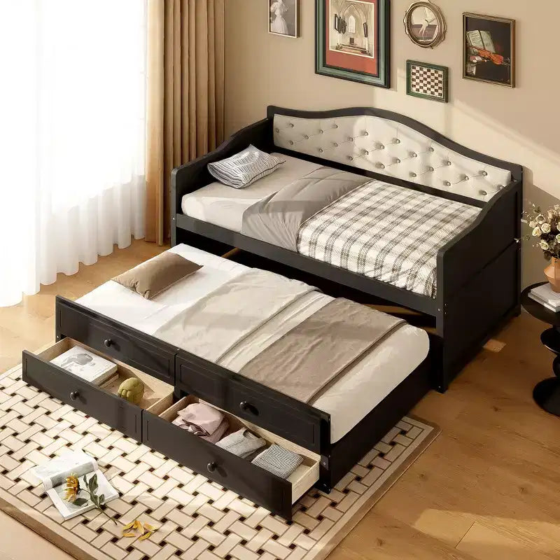 Struttura letto a giorno Whisen Twin Size, divano letto in legno con letto estraibile, schienale capitonné, 2 cassetti portaoggetti
