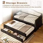 Struttura letto a giorno Whisen Twin Size, divano letto in legno con letto estraibile, schienale capitonné, 2 cassetti portaoggetti