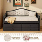 Struttura letto a giorno Whisen Twin Size, divano letto in legno con letto estraibile, schienale capitonné, 2 cassetti portaoggetti