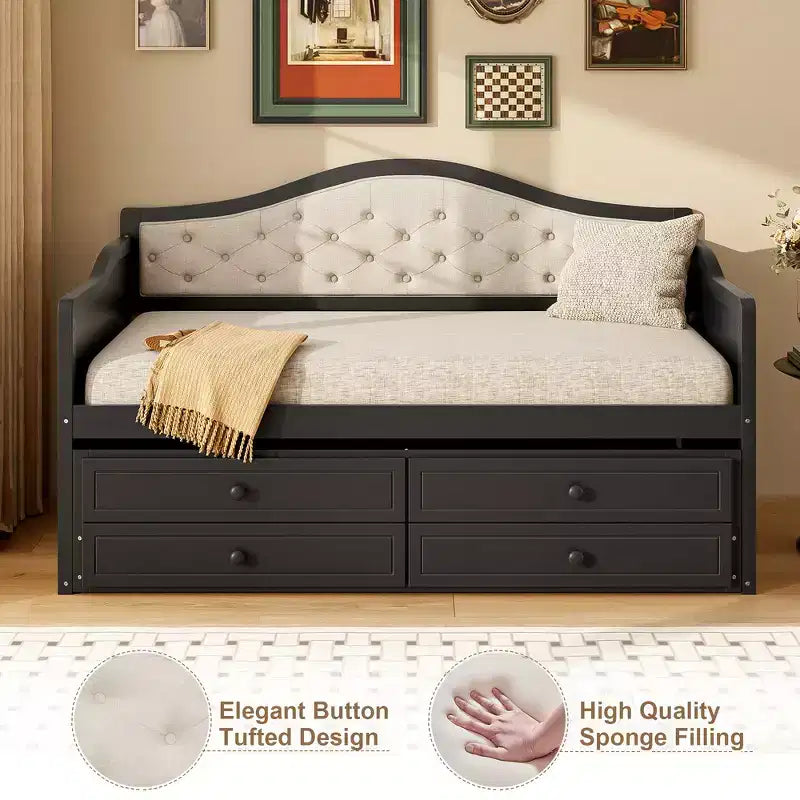 Struttura letto a giorno Whisen Twin Size, divano letto in legno con letto estraibile, schienale capitonné, 2 cassetti portaoggetti