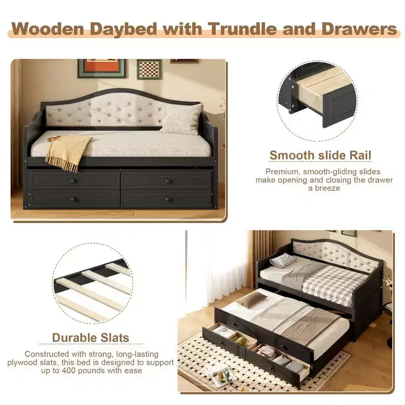Struttura letto a giorno Whisen Twin Size, divano letto in legno con letto estraibile, schienale capitonné, 2 cassetti portaoggetti