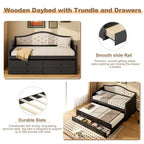 Struttura letto a giorno Whisen Twin Size, divano letto in legno con letto estraibile, schienale capitonné, 2 cassetti portaoggetti