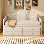 Struttura letto a giorno Whisen Twin Size, divano letto in legno con letto estraibile, schienale capitonné, 2 cassetti portaoggetti