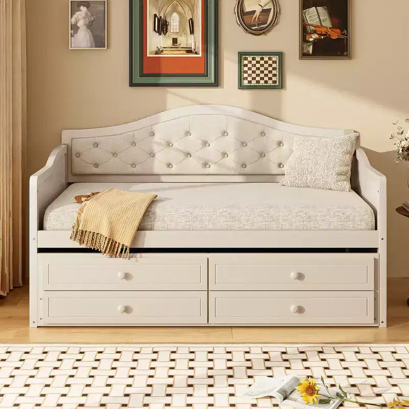 Struttura letto a giorno Whisen Twin Size, divano letto in legno con letto estraibile, schienale capitonné, 2 cassetti portaoggetti