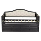 Struttura letto a giorno Whisen Twin Size, divano letto in legno con letto estraibile, schienale capitonné, 2 cassetti portaoggetti