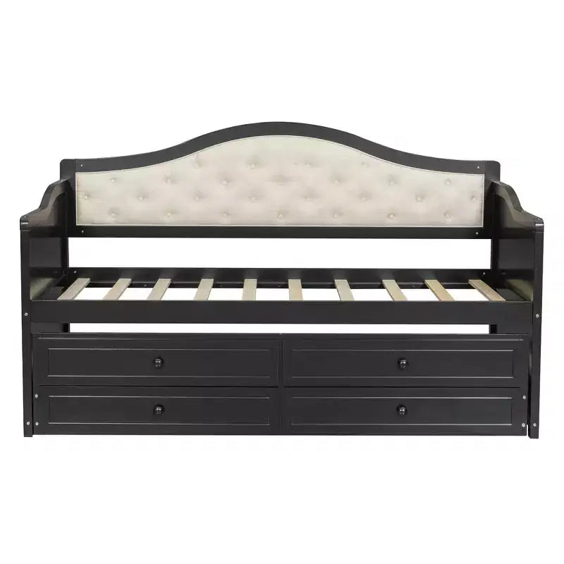 Struttura letto a giorno Whisen Twin Size, divano letto in legno con letto estraibile, schienale capitonné, 2 cassetti portaoggetti