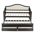 Struttura letto a giorno Whisen Twin Size, divano letto in legno con letto estraibile, schienale capitonné, 2 cassetti portaoggetti