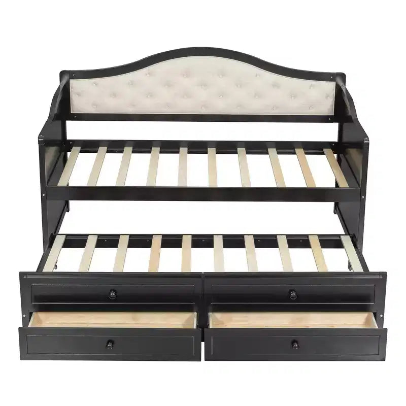 Struttura letto a giorno Whisen Twin Size, divano letto in legno con letto estraibile, schienale capitonné, 2 cassetti portaoggetti