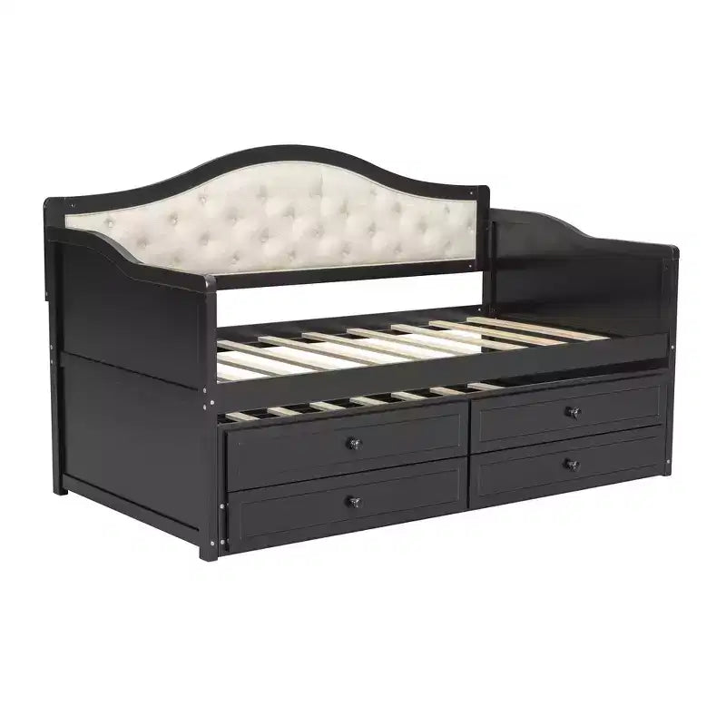 Struttura letto a giorno Whisen Twin Size, divano letto in legno con letto estraibile, schienale capitonné, 2 cassetti portaoggetti