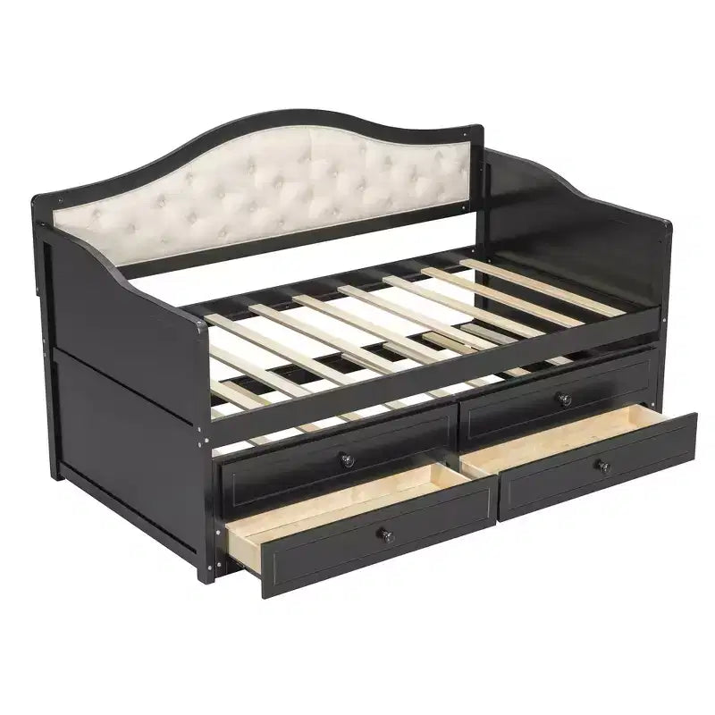Struttura letto a giorno Whisen Twin Size, divano letto in legno con letto estraibile, schienale capitonné, 2 cassetti portaoggetti