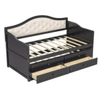 Struttura letto a giorno Whisen Twin Size, divano letto in legno con letto estraibile, schienale capitonné, 2 cassetti portaoggetti