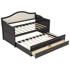 Struttura letto a giorno Whisen Twin Size, divano letto in legno con letto estraibile, schienale capitonné, 2 cassetti portaoggetti