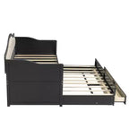 Struttura letto a giorno Whisen Twin Size, divano letto in legno con letto estraibile, schienale capitonné, 2 cassetti portaoggetti