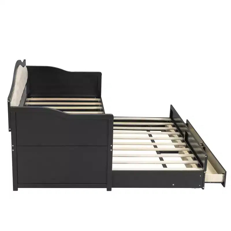 Struttura letto a giorno Whisen Twin Size, divano letto in legno con letto estraibile, schienale capitonné, 2 cassetti portaoggetti