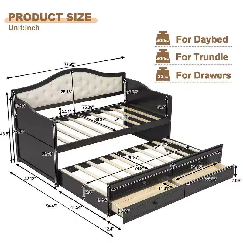 Struttura letto a giorno Whisen Twin Size, divano letto in legno con letto estraibile, schienale capitonné, 2 cassetti portaoggetti
