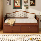 Struttura letto a giorno Whisen Twin Size, divano letto in legno con letto estraibile, schienale capitonné, 2 cassetti portaoggetti
