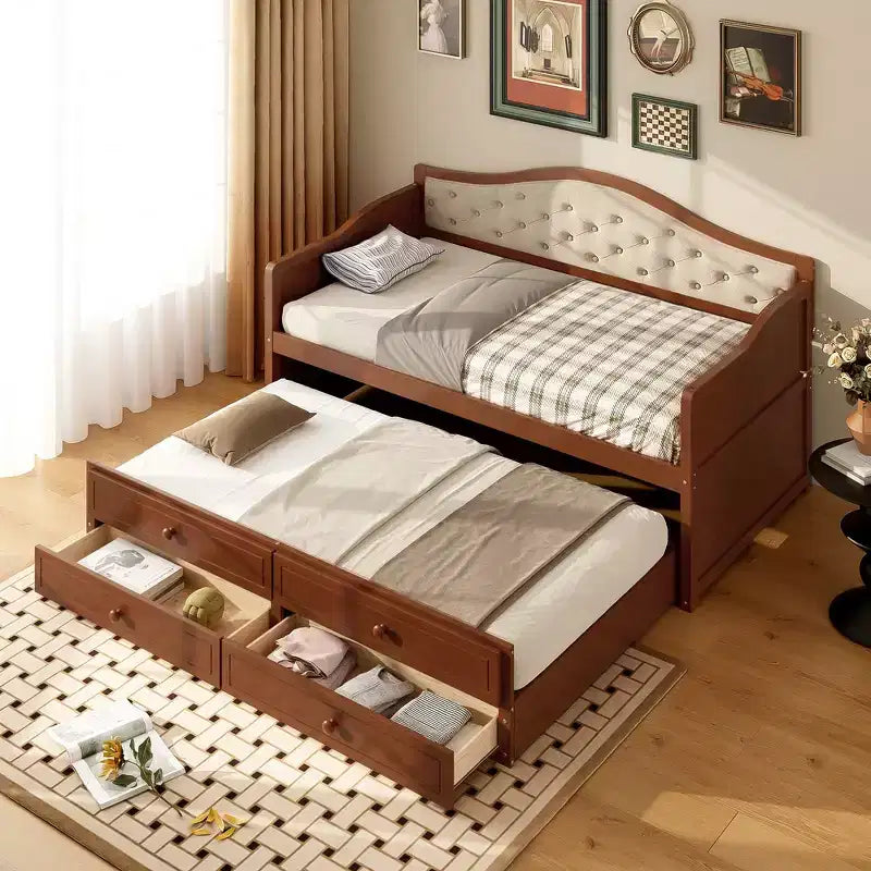 Struttura letto a giorno Whisen Twin Size, divano letto in legno con letto estraibile, schienale capitonné, 2 cassetti portaoggetti